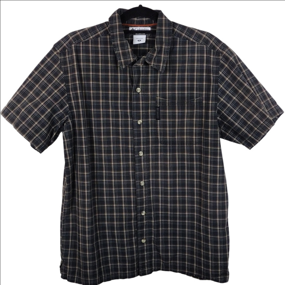 Columbia Men's Green Brown Plaid Point Collar Button Down Short Sleeve Shirt